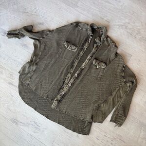 Free People Thermal Waffle Knit Olive Green Button-Up Shirt